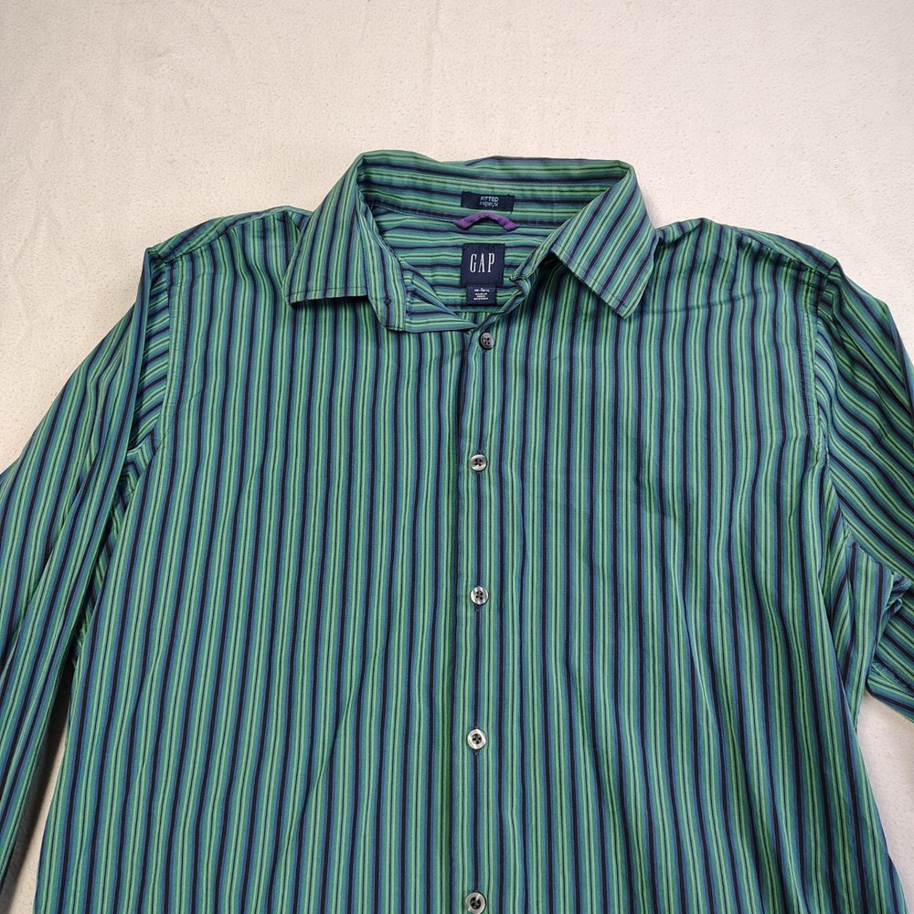 GAP Button Down Shirt Mens L Green Blue Striped Fitted Premium 100% Cotton - Picture 2 of 11
